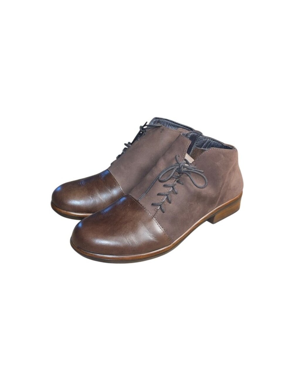 Naot Camden 8 (39) Brown Leather & Suede Two-Tone Lace-Up Booties Side Zipper